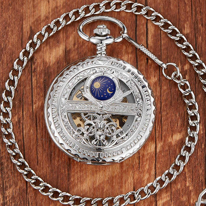 Golden Retro Hollow Pointer Night Sky Semi-automatic Mechanical Pocket Watch