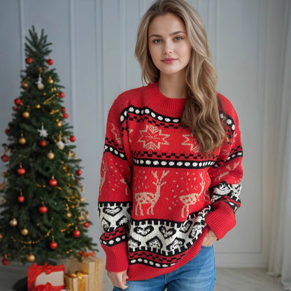 Christmas Casual Red Deer Jacquard Women's Long-sleeved Round Neck Sweater