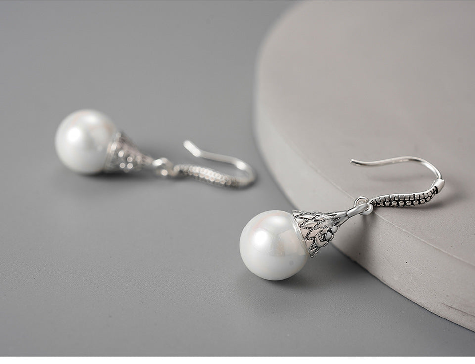 Retro National Style Water Drop Shell Pearls Eardrops S925 Sterling Silver