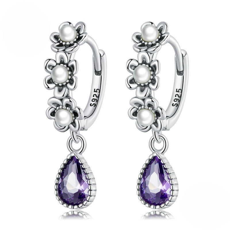 Sterling Silver S925 Vintage Purple Zircon Shell Pearls Simple Flower Earrings