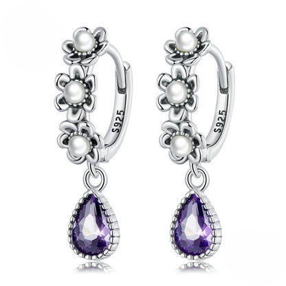 Sterling Silver S925 Vintage Purple Zircon Shell Pearls Simple Flower Earrings