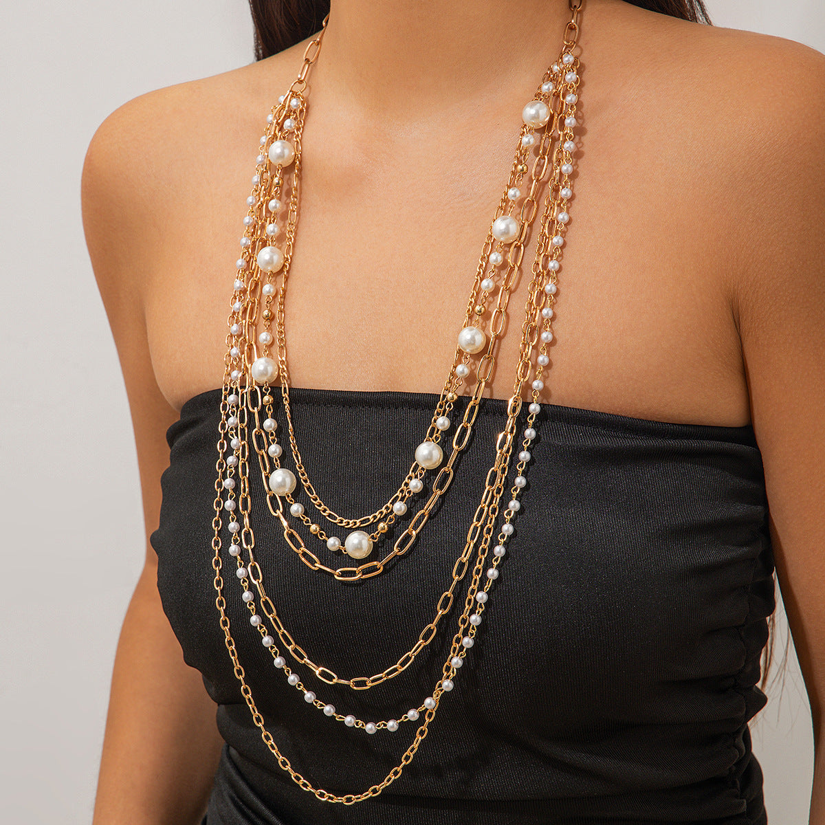 Cold Stringed Pearls Long Necklace Suit