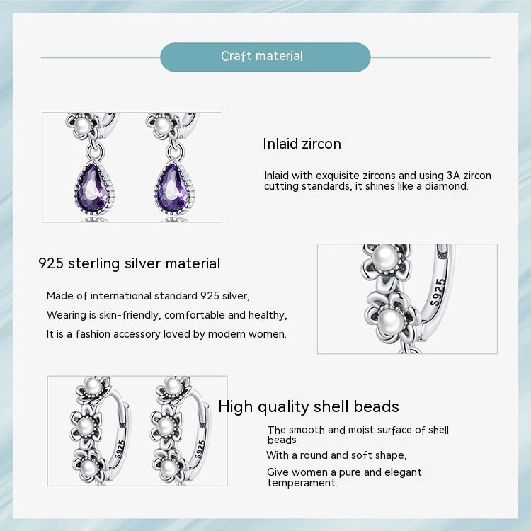 Sterling Silver S925 Vintage Purple Zircon Shell Pearls Simple Flower Earrings