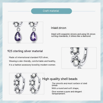 Sterling Silver S925 Vintage Purple Zircon Shell Pearls Simple Flower Earrings