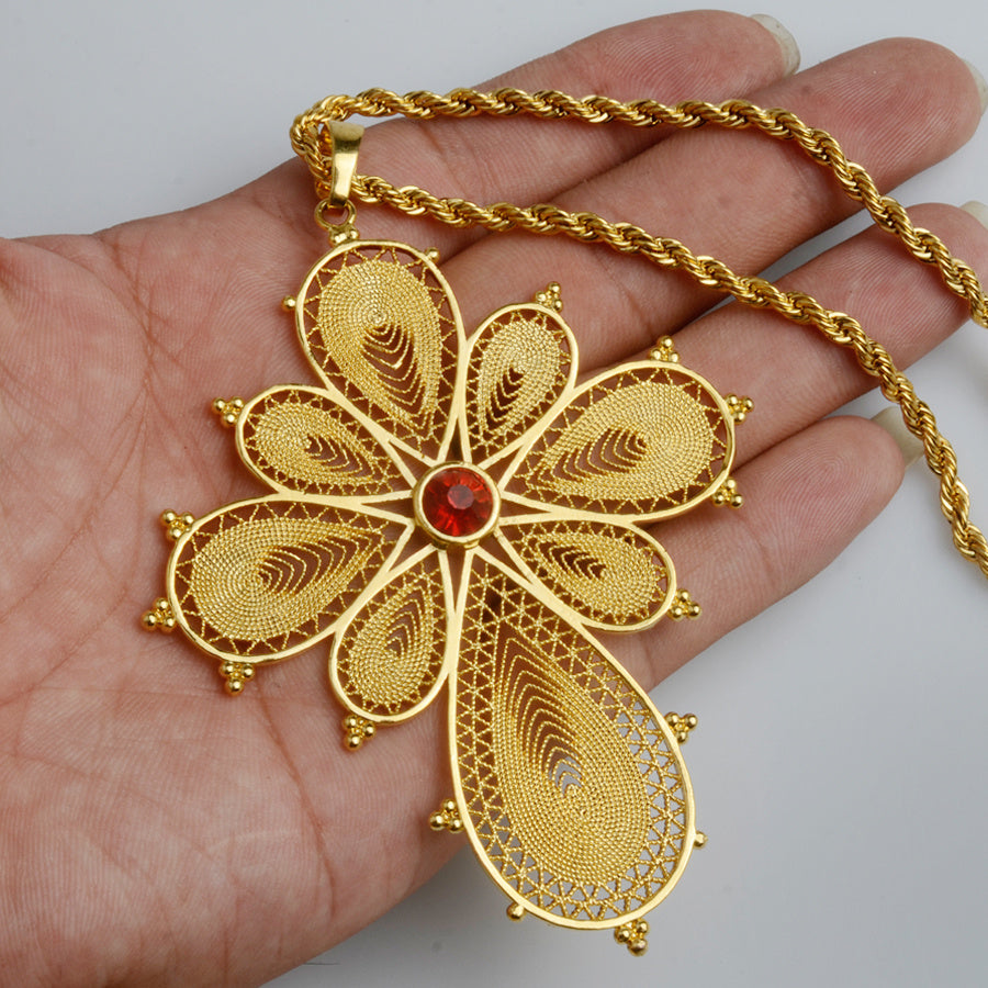 Women's Jewelry Golden Red Gemstone Pendant Necklace Wedding Gift