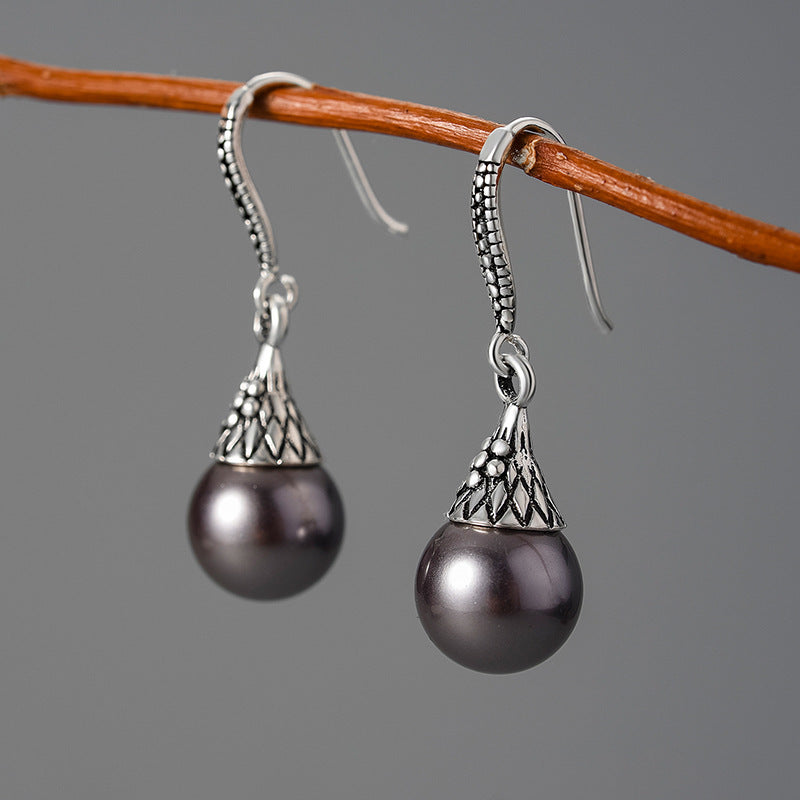 Retro National Style Water Drop Shell Pearls Eardrops S925 Sterling Silver