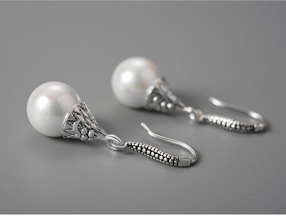 Retro National Style Water Drop Shell Pearls Eardrops S925 Sterling Silver