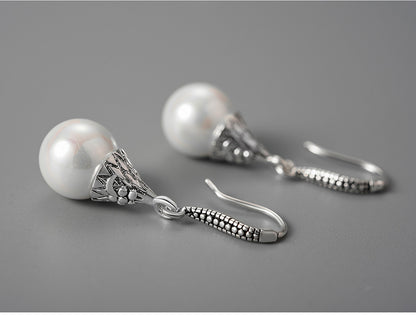 Retro National Style Water Drop Shell Pearls Eardrops S925 Sterling Silver