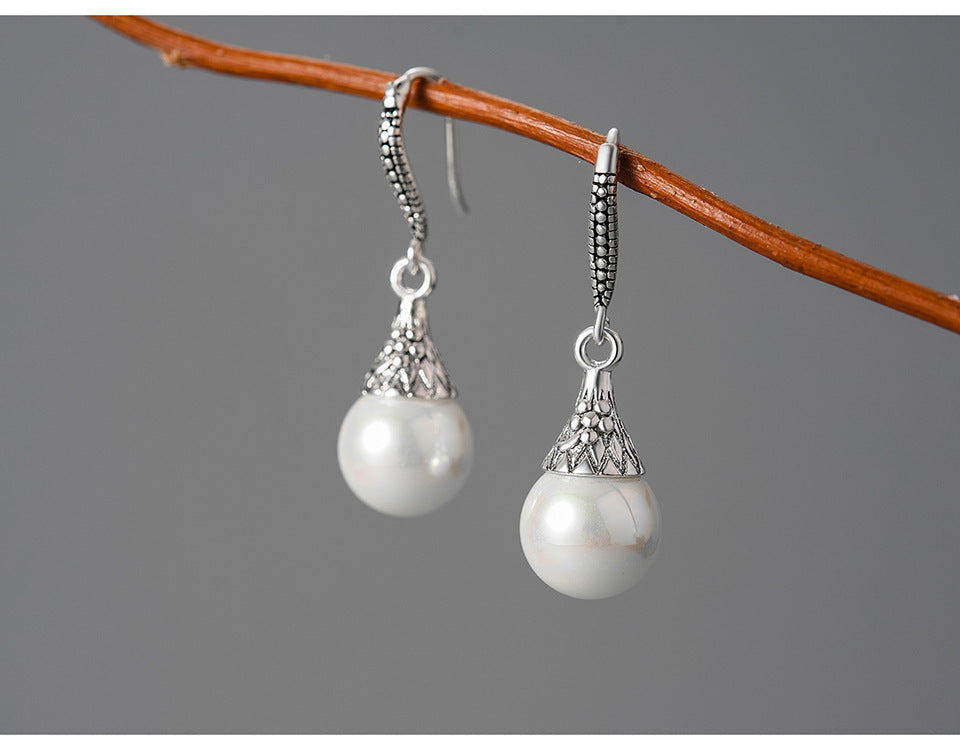 Retro National Style Water Drop Shell Pearls Eardrops S925 Sterling Silver