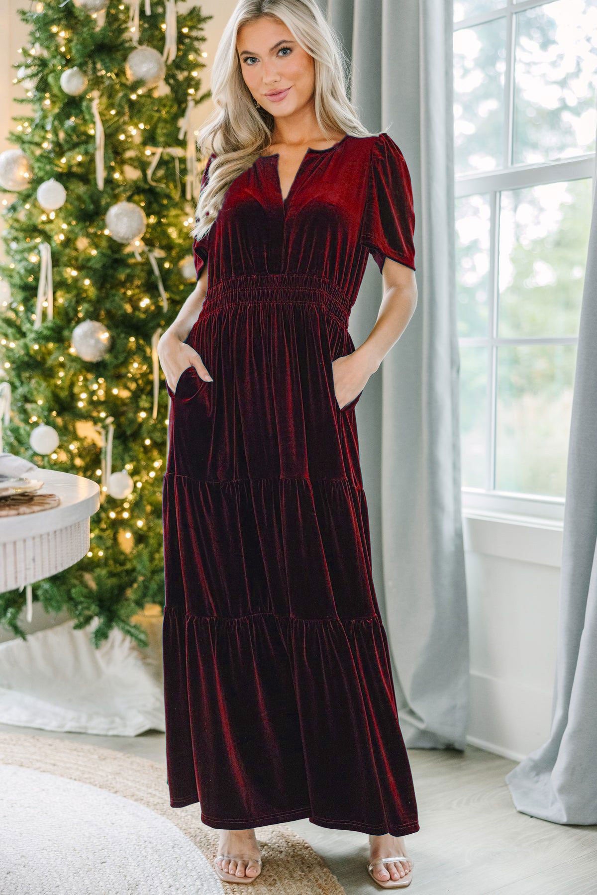 Christmas Velvet Women's Short Sleeve Nipped-waist Pocket Dress