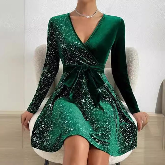 Dresses for Women Women's Dress One Shoulder Sequin Panel Wrap Velvet Dress Dresses