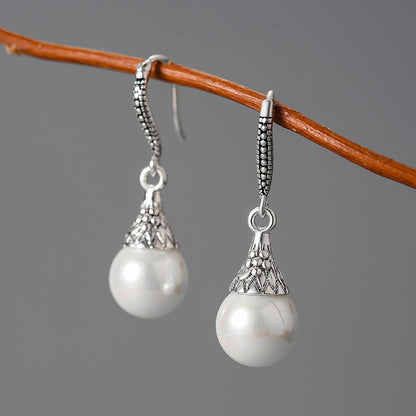 Retro National Style Water Drop Shell Pearls Eardrops S925 Sterling Silver