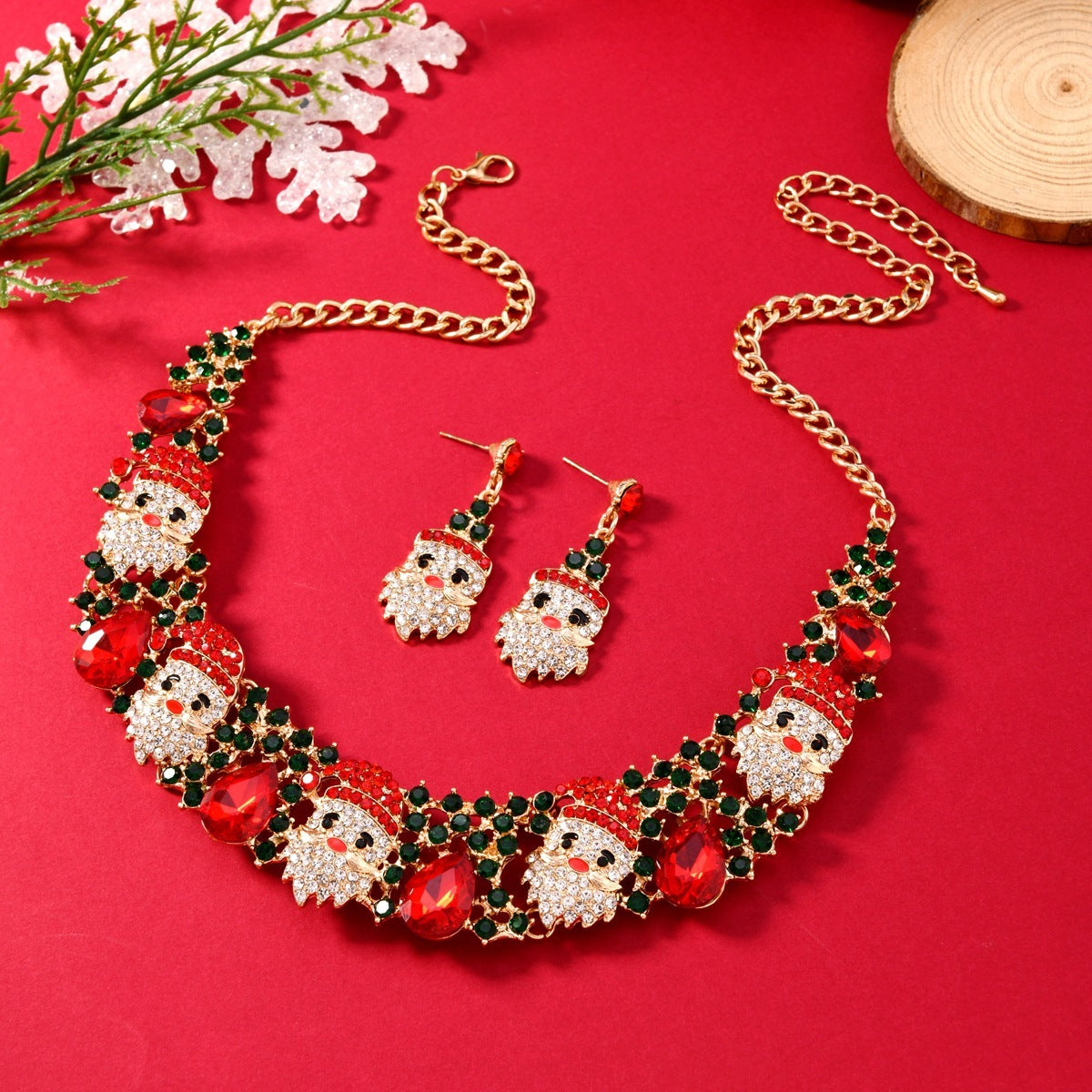 3pcs Christmas Necklace Earrings Set With Colored Rhinestones Ins Fashionable Shiny Santa Claus Necklace For Womens Jewelry